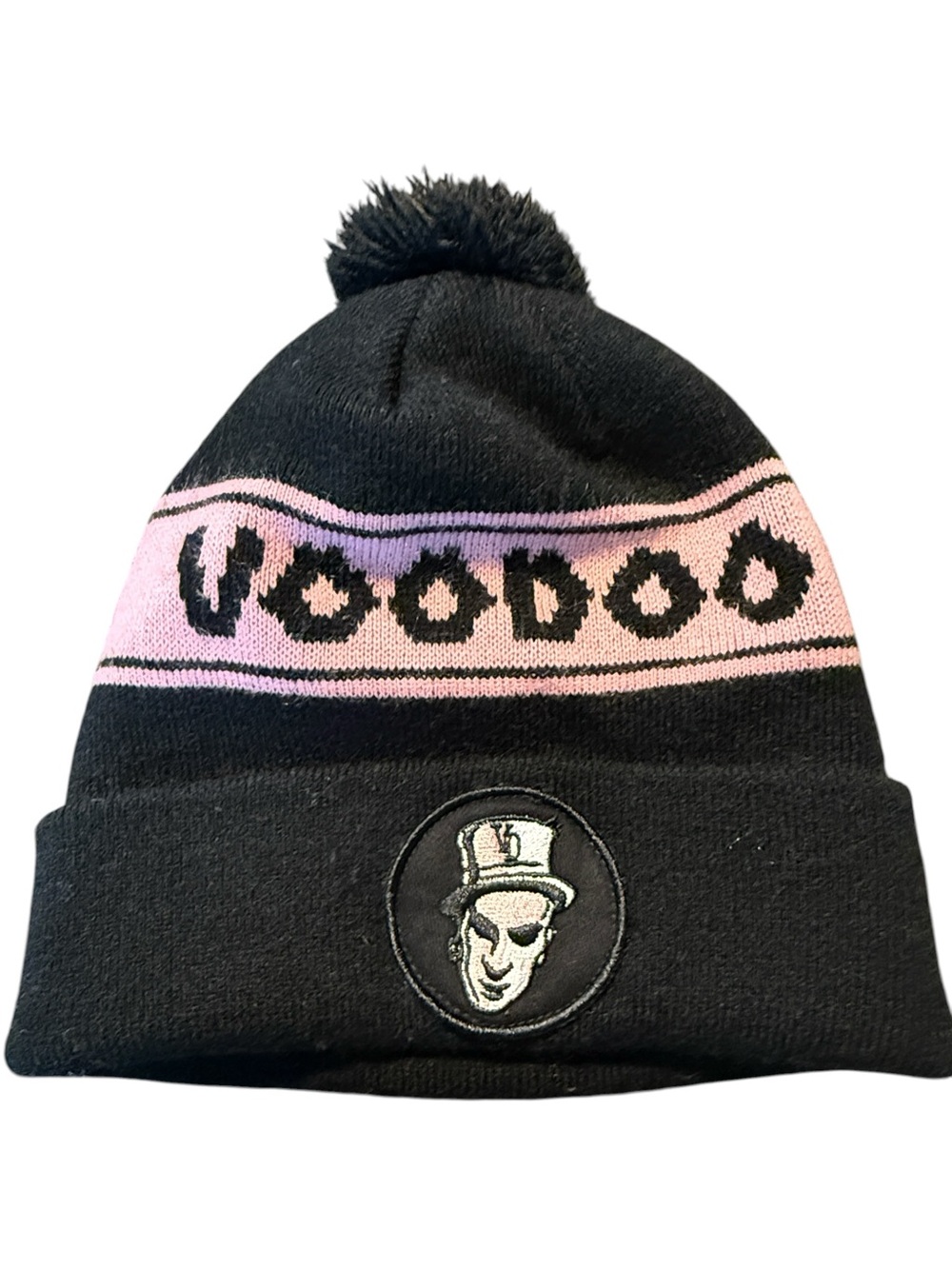 Voodoo Doughnut Baron Patch Beanie Cuffed With Pom Pom Hat Black & Pink OS